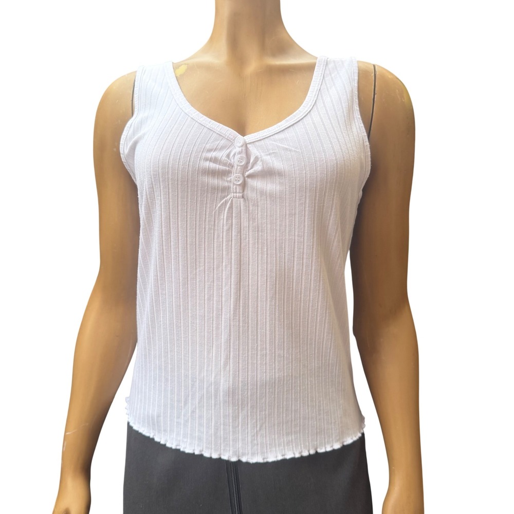 Kismet Tank Top Henley Ribbed Lettuce Hem White Y2K Coquette Basic L